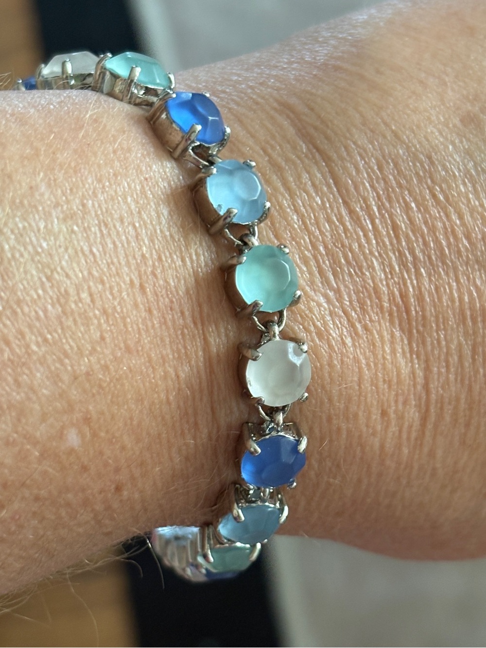 Vintage Avon Blue and Aqua Round Stone Tennis Bracelet on Silver with Rose